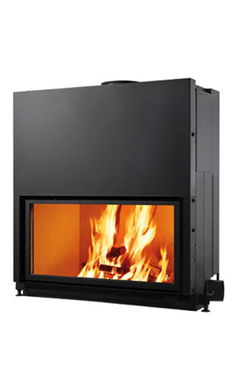 EDILKAMIN FLAT 100 de 10,5 Kw tiro natural. Chimenea con puerta guillotina de cristal cerámico.  Completado con: 4 salidas aire caliente. Fuego de Ecokeram®.  Salida humos hembra Ø 25 cm.