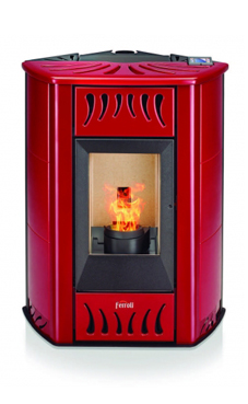 FERROLI GEMA de 12,83 Kw. de poténcia, consumo 3,04 Kg/hora, volumen del depósito 22 kg. Rendimiento 95%, de acero con tapa superior y frontal en maiolica, para calefactar estancias de hasta 100 m2 (modelo de esquina)