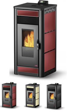 LASIAN MUSA de  3,6 a 12 Kw. calentamiento mediante aire, de 12 KW de potencia térmica máxima.ceramica, capacidad de calentamiento de 210 m3 (modelos en burdeos, beige y negro) , mando a distancia ,sin limpieza automática.