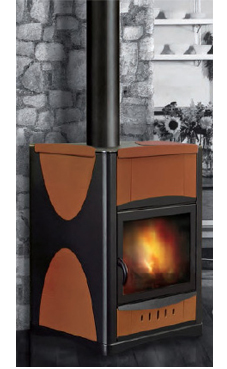 GREENHEISS IDROPIU 34 ACS con Horno de 34 Kw. Acabados ocre ,marfil  y rojo burdeos. Consumo 8,5 Kg./hora producción de ACS 9 litros/minuto con salto de 25ºC dimensiones del horno 395x475x210