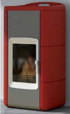 GREENHEISS AIDA CERAMICA 18 Kw. Acabados marfil y rojo burdeos. Depósito de pellet de 35 Kg.con programación semanal y mando a distancia.