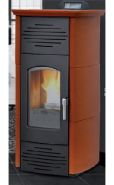 GREENHEISS CARLOTTA PLUS de 24 Kw. Acabados antracita, cuero, plata, salmon ,marfil  y rojo burdeos Depósito de pellet de 35 Kg.con programación semanal y mando a distancia.