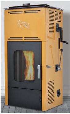 GREENHEISS FIORE de 13,5 Kw.   Acabados antracita, cuero, salmon ,marfil  y rojo burdeos. Depósito de pellet de 12 Kg. Sin electricidad, estufa de tiro natural con alimentación de pellet por gravedad, la carga del quemador se debe de hacer manualmente y e