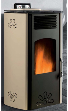 GREENHEISS MARGHERITA 8,5 Kw. Acabados antracita, cuero,salmon, inoxidable ,marfil  y  rojo burdeos. Depósito de pellet de 12 Kg.con programación semanal y mando a distancia.