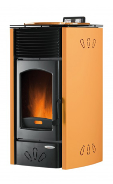 GREENHEISS MARIACHIARA de 12 Kw. Acabados antracita, cuero,salmon, inoxidable ,marfil  y  rojo burdeos. Depósito de pellet de 25 Kg.con programación semanal y mando a distancia.