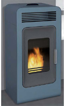 GREENHEISS PRIMULA 7 Kw. Acabados azul, marron ,marfil  y  rojo burdeos. Depósito de pellet de 20 Kg.con programación semanal y mando a distancia.