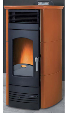 GREENHEISS VALENTINA PLUS  de 16 Kw. Acabados antracita, salmón, inoxidable, cuero ,marfil  y  rojo burdeos. Depósito de pellet de 35 Kg.con programación semanal y mando a distancia.
