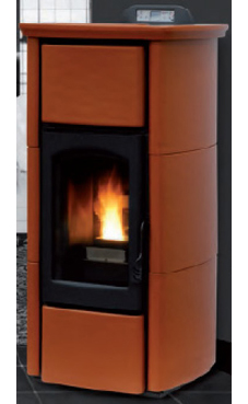 GREENHEISS VICTORIA PLUS de 28 Kw.  Acabados antracita, cuero, plata, salmon ,marfil  y rojo burdeos Depósito de pellet de 35 Kg.con programación semanal y mando a distancia.