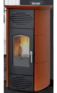 GREENHEISS Multicombustible CARLOTTA OMNIA de 23 Kw.   Acabados antracita, cuero, salmon ,marfil  y rojo burdeos. Depósito de pellet de 35 Kg. Con programador semanal y mando a distancia. (para pellet, hueso de oliva, avellana y almendra)