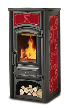NORDICA-EXTRAFLAME FIORELLA 6 Kw.(burdeos o pergamino) Revestimiento exterior de acero y mayólica Puertas de hierro fundido Cristal ceramico que resiste hasta 750°