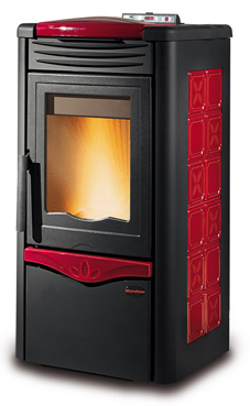 NORDICA-EXTRAFLAME IRINA 3,4-10,5 Kw Revestimiento en cerámica. Hogar en fundición extraíble. Cajón extraíble para la ceniza. Vitro cerámico resistente a 750° Colores: Pergamino, burdeos o negro antracita.